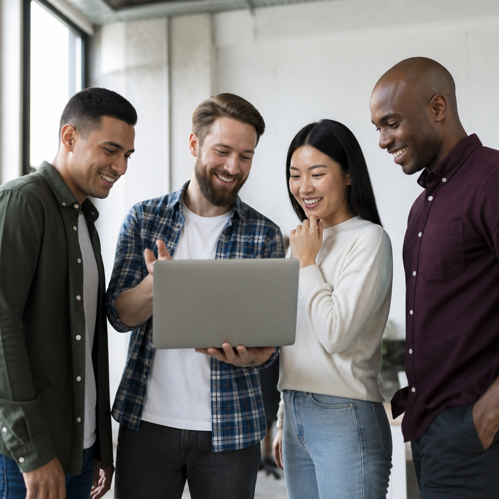The1 Tech Lab team collaborating around a laptop